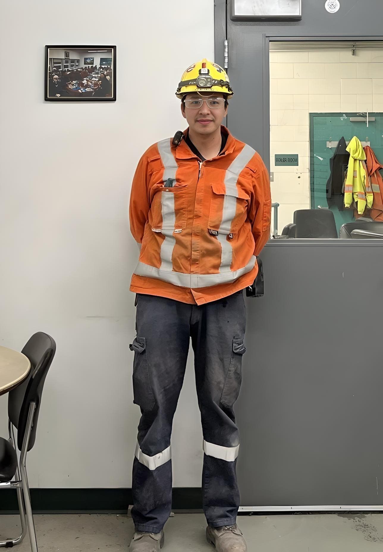 Ethan Eyakfwo geared up for work during his first week as an electrician apprentice at Ekati Diamond Mine.